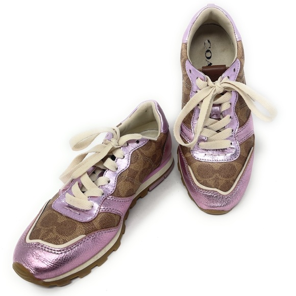 Coach Metallic Pink Brown Classic Logo Brown Canvas Sneaker Women’s 5.5B